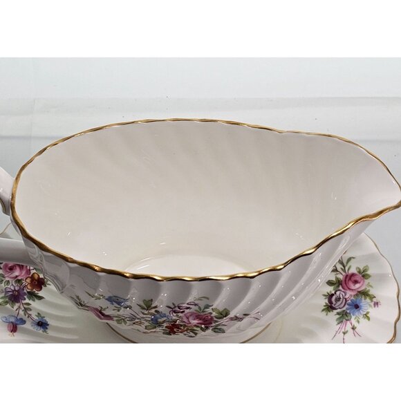 Minton Marlow Floral Gravy Boat Attached Underplate vtg Globe backstamp1950s ros - Picture 4 of 12